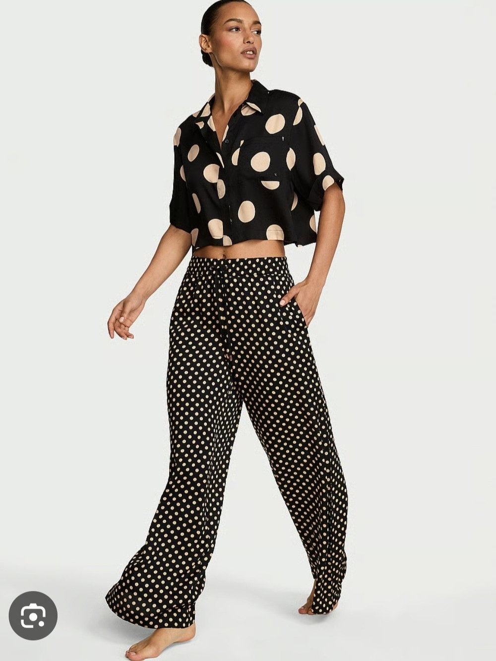 Victoria's Secret Black and Cream Polka Dot Cropped Pajama Set